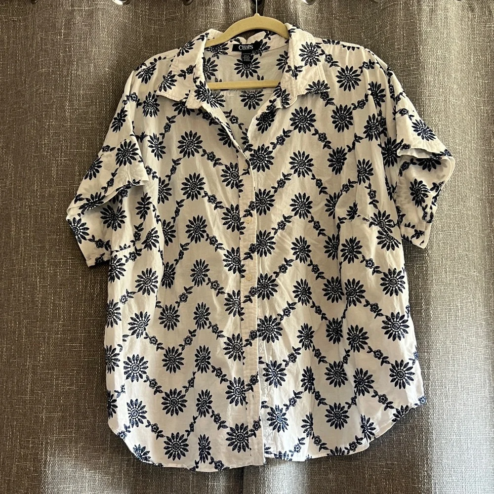 Chaps - white short sleeve button down with navy blue floral embroidery - 3XL - Picture 1 of 15